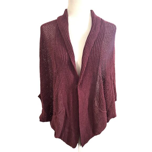 PRANA Lima Cocoon Open-Weave Mesh Knit Cardigan Black Cherry Boho Oversized Sz M - Picture 2 of 5